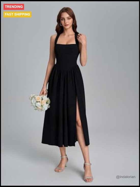 Floral Halter Corset Midi Dress with Smocked Back and Bow Tie - Picture 5 of 6